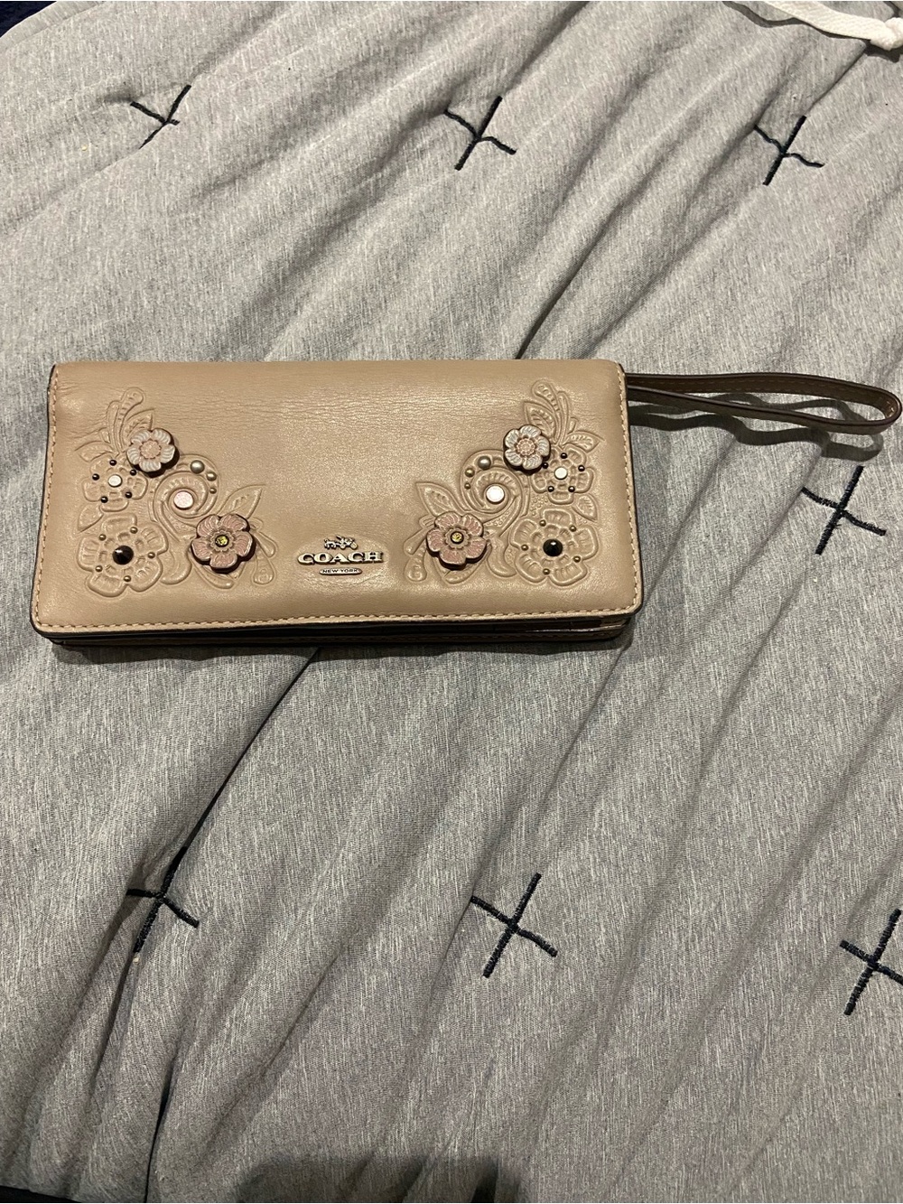 COACH Taupe Floral Appliqué Wristlet Clutch